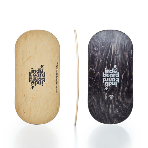 The Indo Board Rocker model for balance training. Top, bottom, and side views. Natural stain.