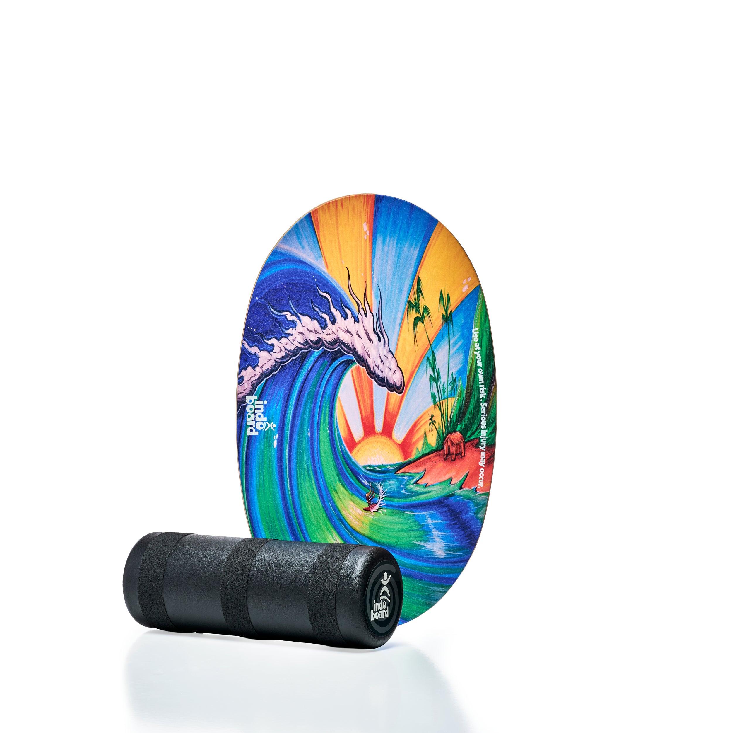 INDO BOARD Original Ola Grande balance trainer with sunrise, wave, palm tree art and black roller, ideal for fitness workouts.