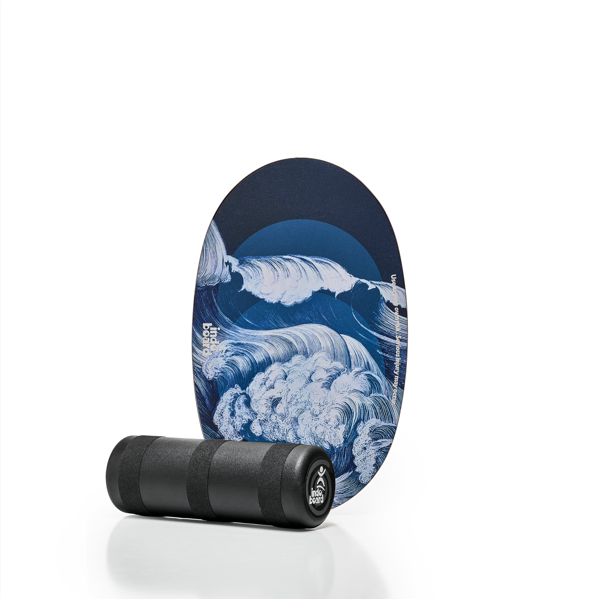 INDO BOARD Original Ola Grande balance board with black roller, blue wave design, for core training and balance exercises.