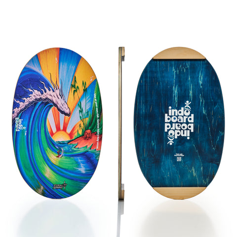 The Original Indo balance board. Top, bottom, and side views. Bamboo Beach design by Drew Brophy.