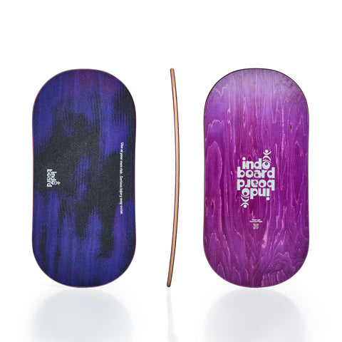The Indo Board Rocker model for balance training. Top, bottom, and side views. Purple Rain graphic. 