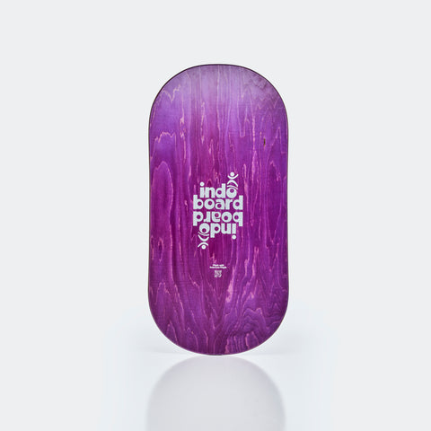 The Original Indo balance board. Rocker model for advanced training. Bottom / base view of the Purple Rain graphic. 