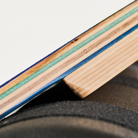 The Original Indo balance board and roller. Macro / detail shot of the maple veneers. 